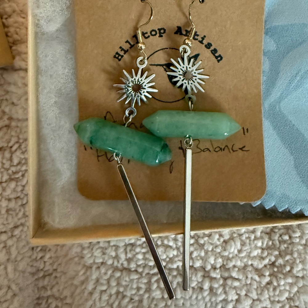 Green Crystal Drop Earrings with Silver Sunburst and Bar Accents